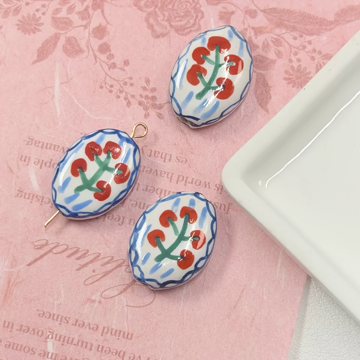 Hand Drawn Painted Fruit Vintage Ceramic Beads, 3pcs
